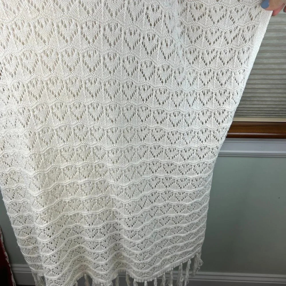 LA Hearts Cotton Linen Crochet Open Knit Open Front Longline Fringed Cardigan